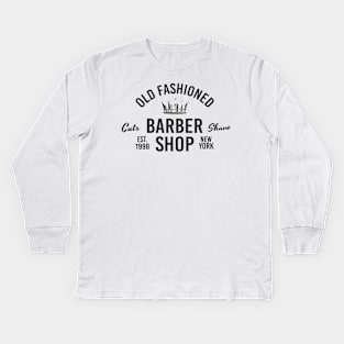 Barbershop print with crown. Monochrome retro design. Kids Long Sleeve T-Shirt